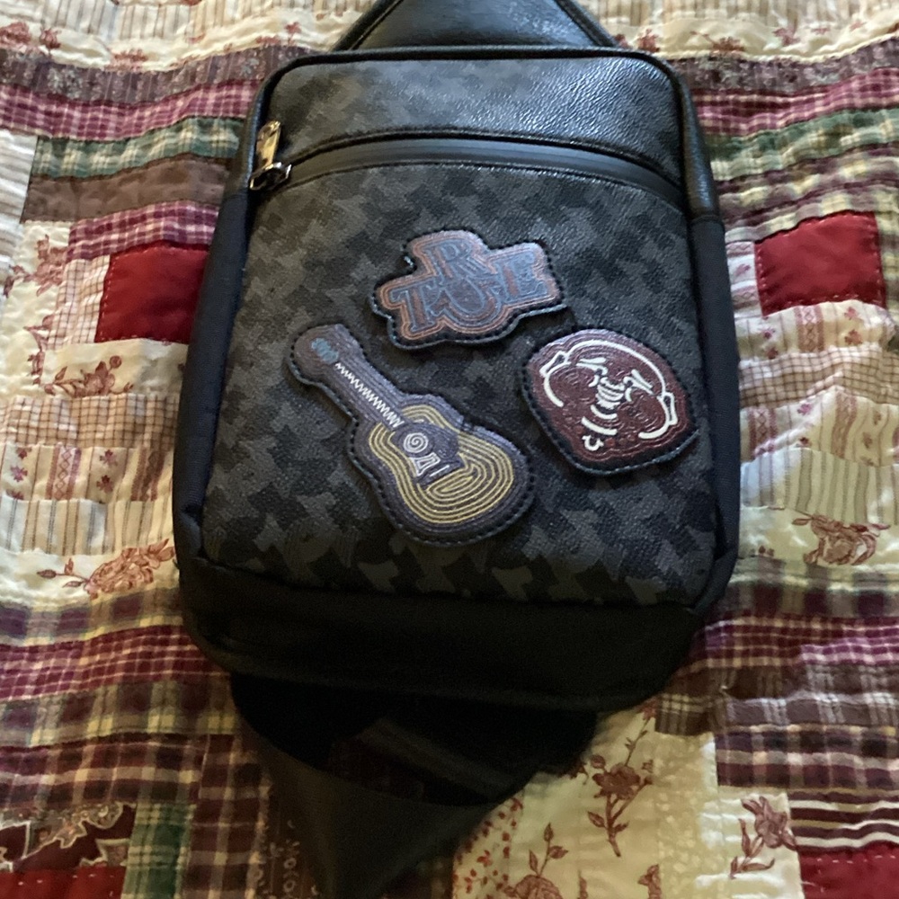 True Religion Black Patterned Belt Bag with Patches